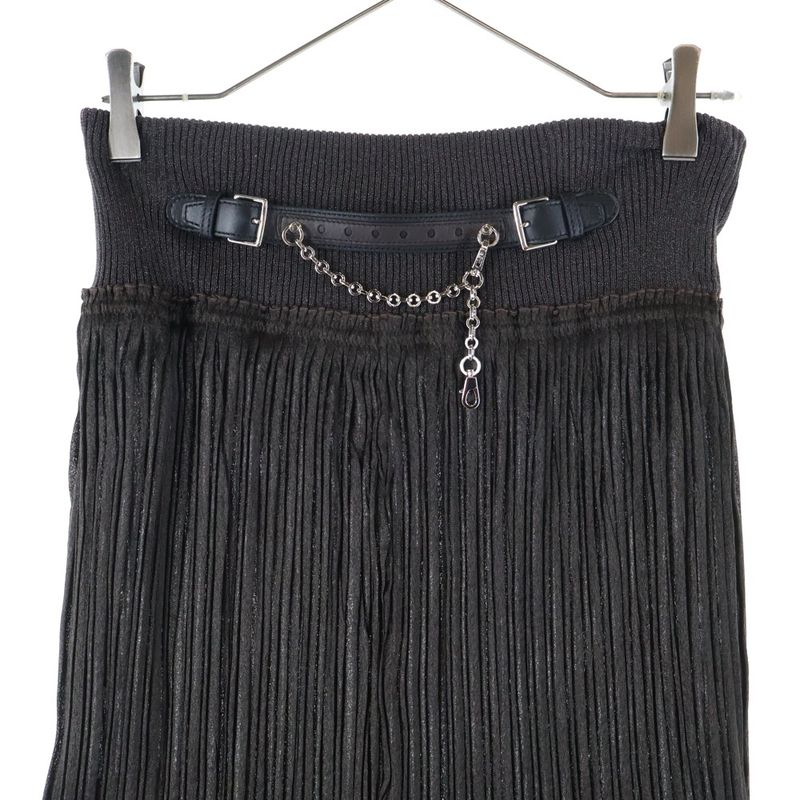 Hermes 23aw Chain Leather Belt Silk Blend Pleated Long Skirt Brown Ladies