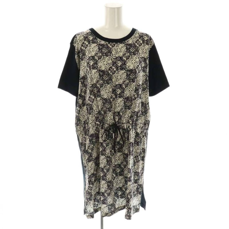 Louis Vuitton Monogram Dress Knee Length Cut Short Sleeves 40 Black White Df