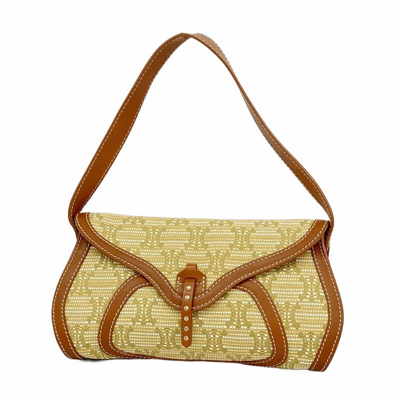 Celine Shoulder Bag Triomphe Canvas Leather Beige Brown Gold Hardware Women