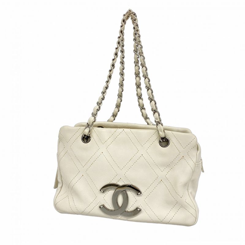 Chanel Shoulder Bag Leather White Silver Hardware Women