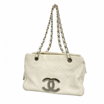 Chanel Shoulder Bag Leather White Silver Hardware Women