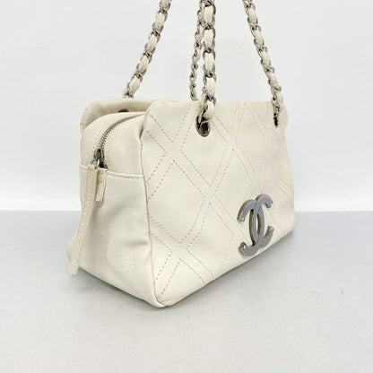 Chanel Shoulder Bag Leather White Silver Hardware Women