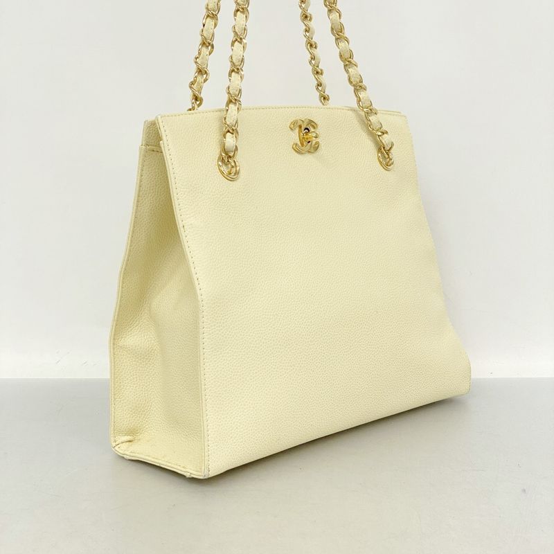 Chanel Shoulder Bag Caviar Skin Cream Gold Hardware Women