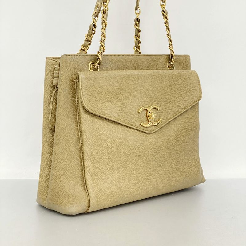 Chanel Shoulder Bag Caviar Skin Light Brown Gold Hardware Women