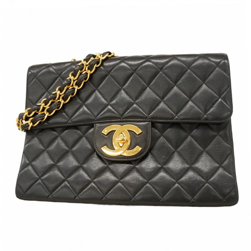 Chanel Shoulder Bag Deka Matelasse Lambskin Black Gold Hardware Women