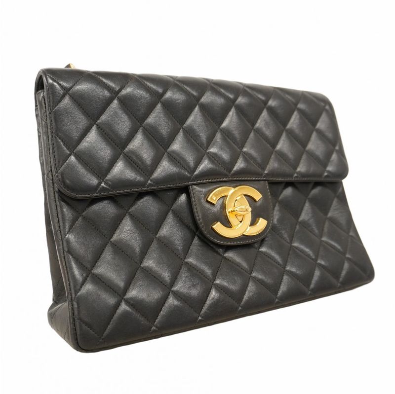 Chanel Shoulder Bag Deka Matelasse Lambskin Black Gold Hardware Women