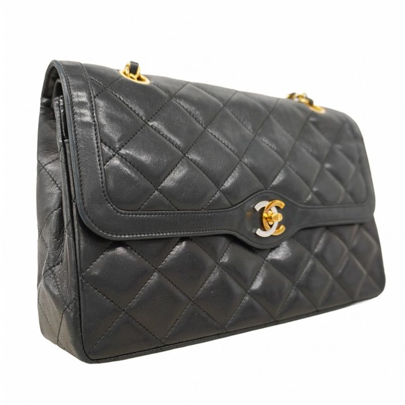 Chanel Shoulder Bag Matelasse Paris Limited Edition Lambskin Black Gold Silver
