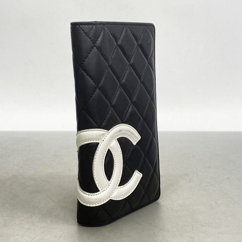 Chanel Long Wallet Cambon Lambskin Black Silver Hardware Women