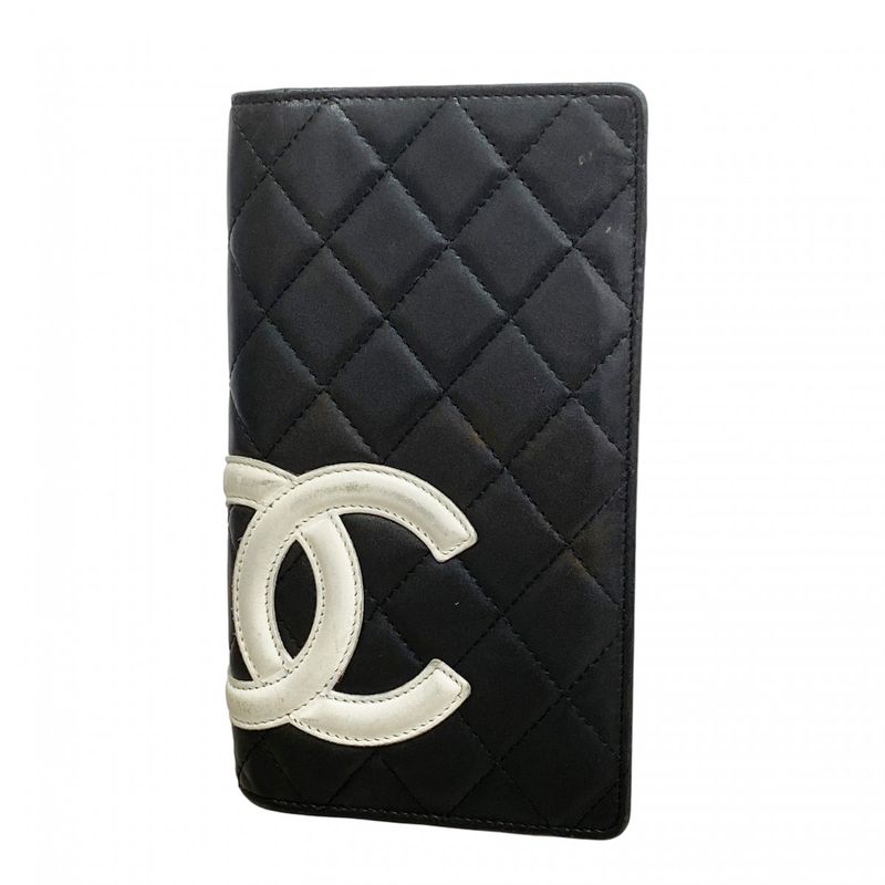 Chanel Long Wallet Cambon Lambskin Black Silver Hardware Women