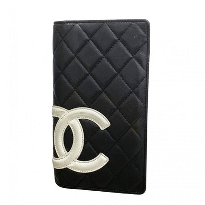 Chanel Long Wallet Cambon Lambskin Black Silver Hardware Women