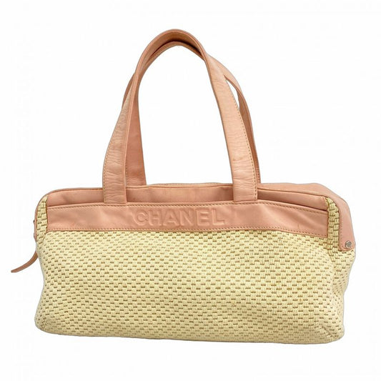 Chanel Tote Bag Canvas Leather Beige Pink Silver Hardware Women's