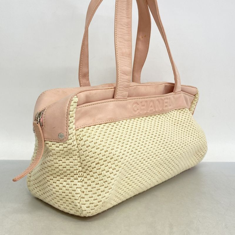 Chanel Tote Bag Canvas Leather Beige Pink Silver Hardware Women's