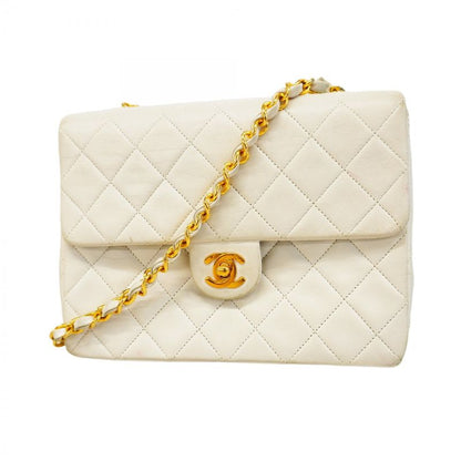 Chanel Shoulder Bag Matelasse Lambskin White Gold Hardware Women