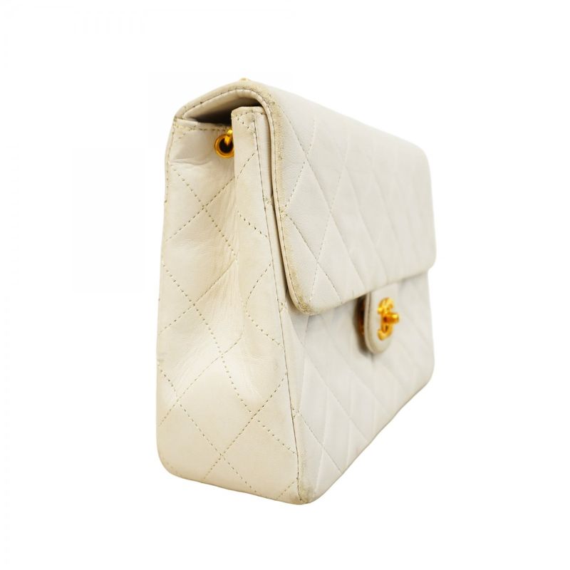 Chanel Shoulder Bag Matelasse Lambskin White Gold Hardware Women