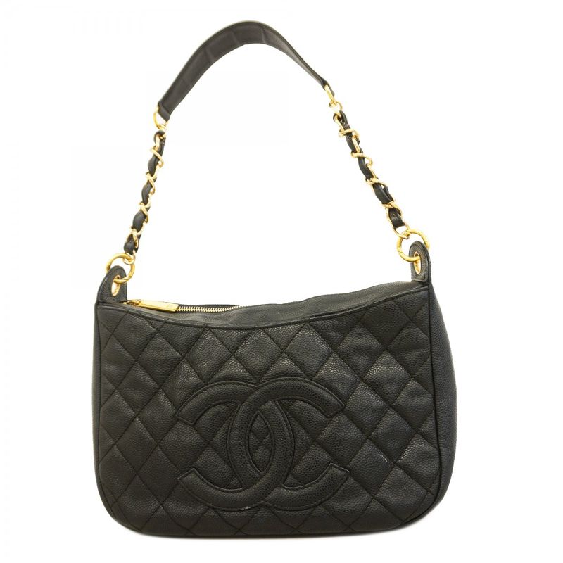 Chanel Shoulder Bag Matelasse Caviar Skin Black Gold Hardware Women