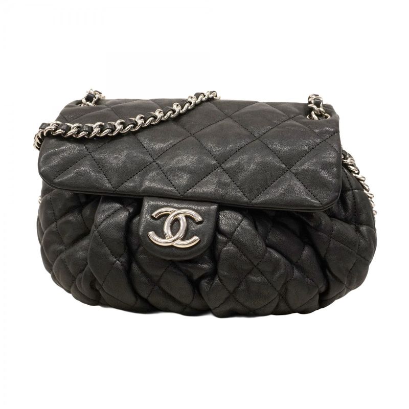 Chanel Shoulder Bag Matelasse Lambskin Black Silver Hardware Women