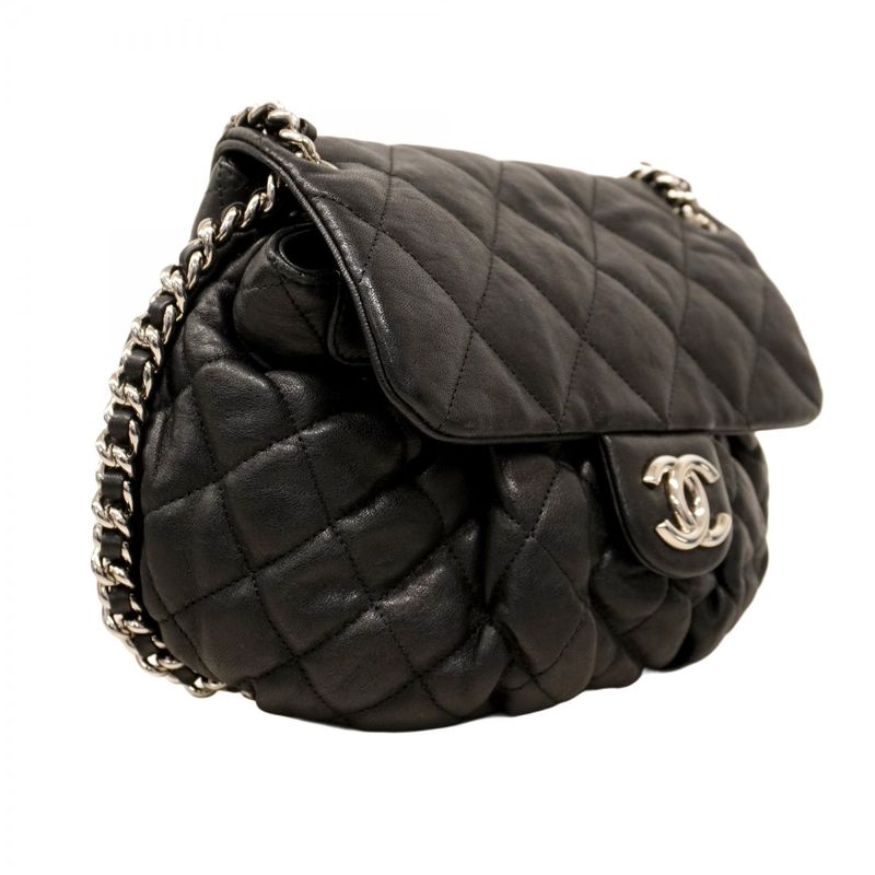 Chanel Shoulder Bag Matelasse Lambskin Black Silver Hardware Women