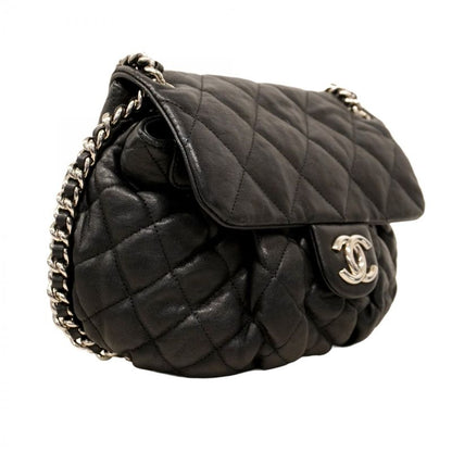 Chanel Shoulder Bag Matelasse Lambskin Black Silver Hardware Women