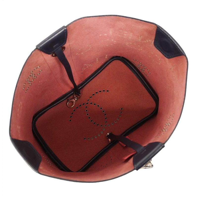 Chanel Handbag Perforated Leather Navy Silver Hardware 2way Bag Ladies