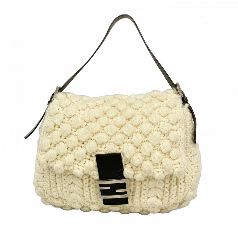 Fendi Shoulder Bag Mamma Bucket Knit White Black Silver Hardware Women