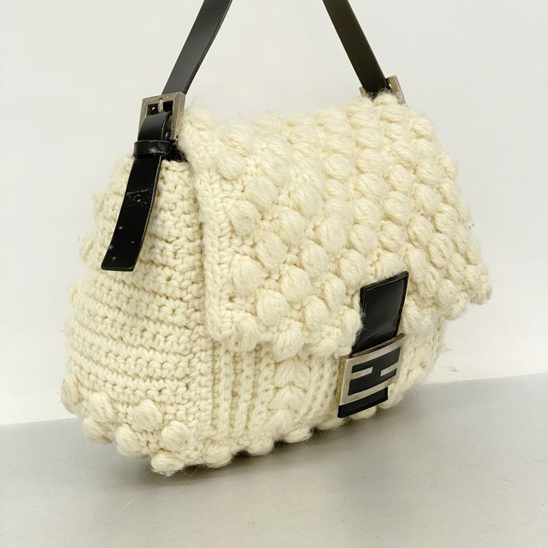 Fendi Shoulder Bag Mamma Bucket Knit White Black Silver Hardware Women
