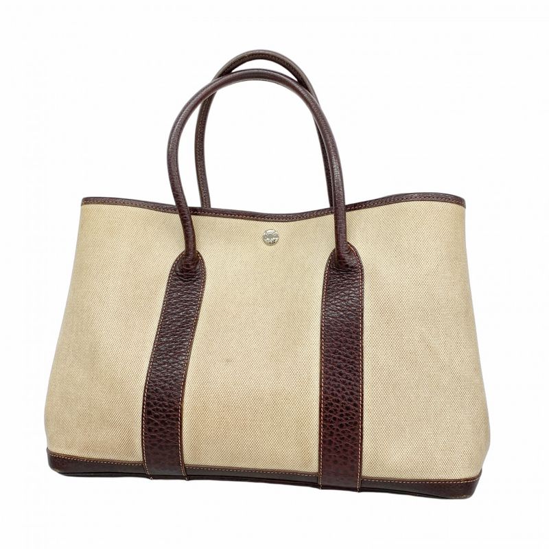 Hermes Tote Bag Garden Party PM Toile Ash Brown Silver Hardware □F Engraved