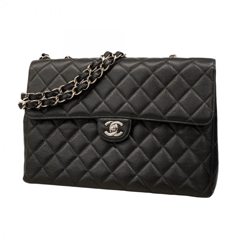 Chanel Shoulder Bag Deca Matelasse Caviar Skin Black Silver Hardware Women