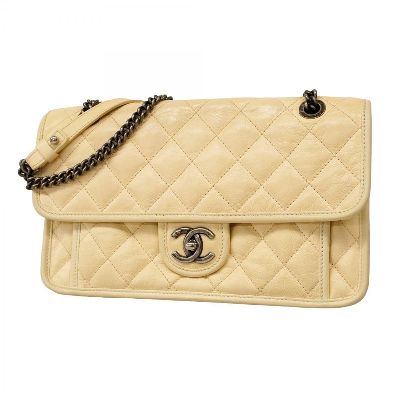 Chanel Shoulder Bag Damier French Riviera Leather Ivory Silver Hardware Women