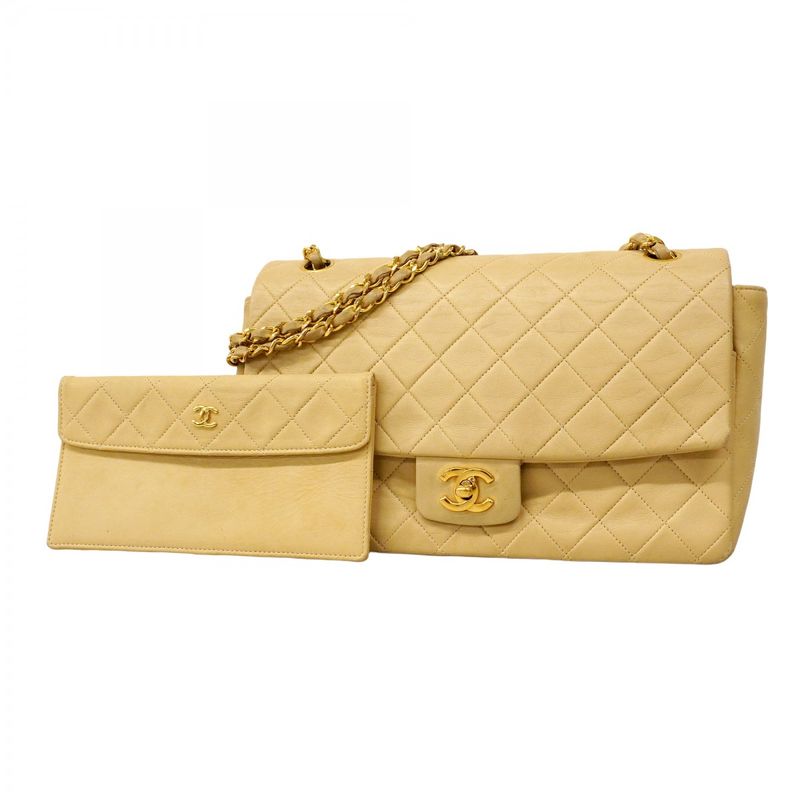 Chanel Shoulder Bag Matelasse Lambskin Beige Gold Hardware Women