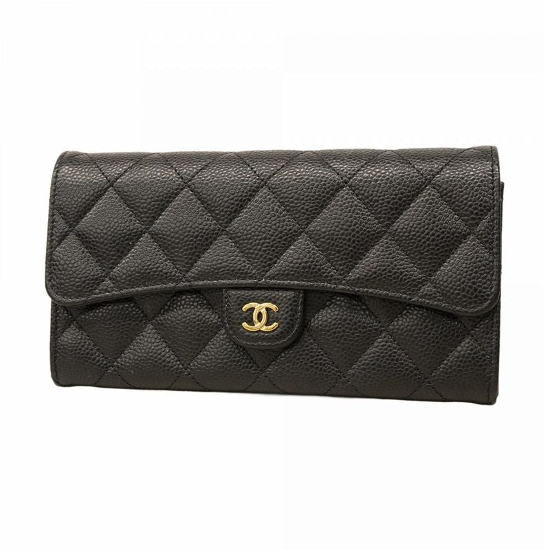 Chanel Long Wallet Matelasse Caviar Skin Black Gold Hardware Women