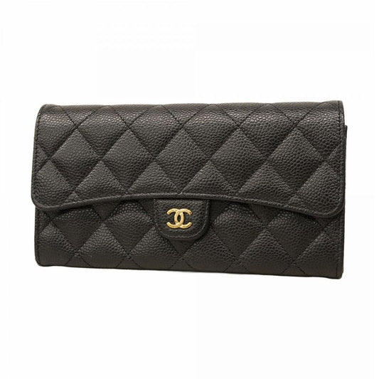 Chanel Long Wallet Matelasse Caviar Skin Black Gold Hardware Women