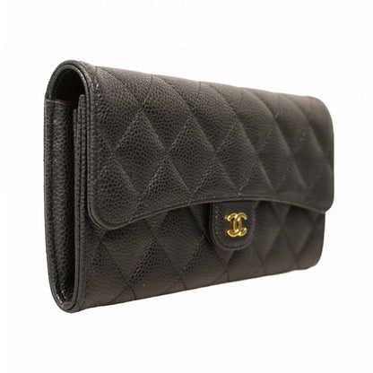 Chanel Long Wallet Matelasse Caviar Skin Black Gold Hardware Women