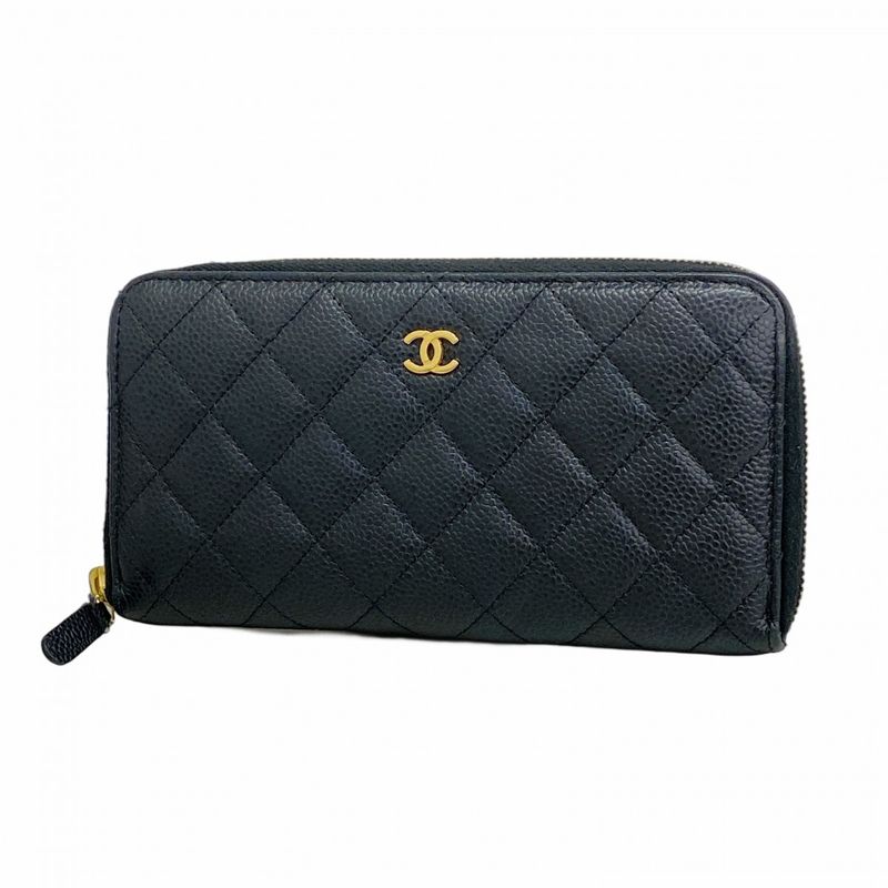 Chanel Long Wallet Matelasse Caviar Skin Black Gold Hardware Women