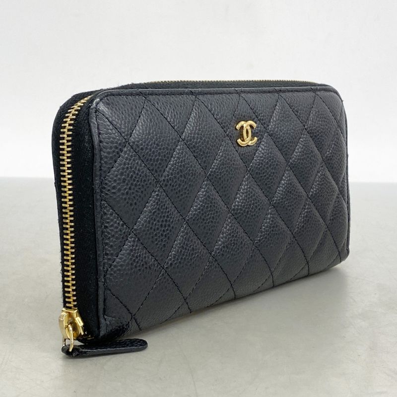 Chanel Long Wallet Matelasse Caviar Skin Black Gold Hardware Women