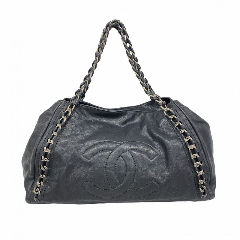 Chanel Shoulder Bag Leather Black Silver Hardware Women