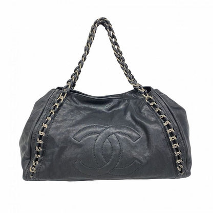 Chanel Shoulder Bag Leather Black Silver Hardware Women