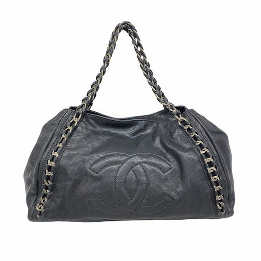 Chanel Shoulder Bag Leather Black Silver Hardware Women