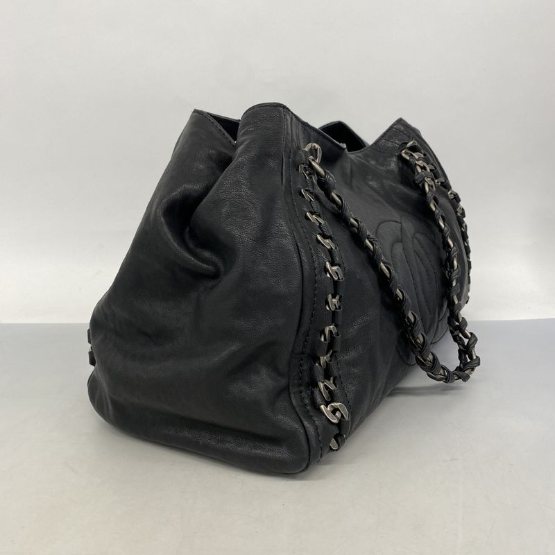 Chanel Shoulder Bag Leather Black Silver Hardware Women