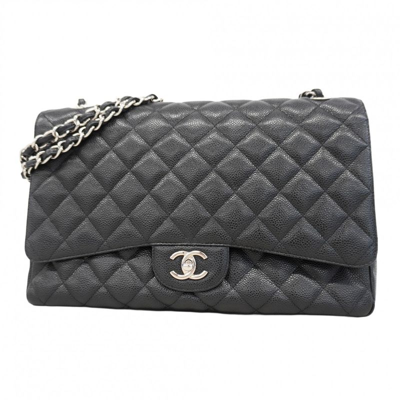 Chanel Shoulder Bag Deca Matelasse Caviar Skin Black Silver Hardware Women