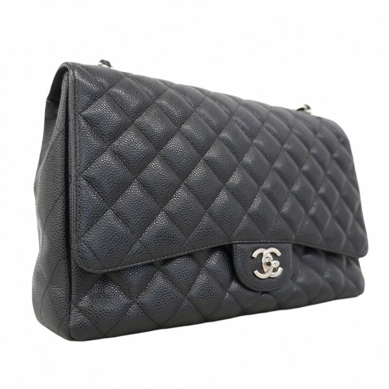 Chanel Shoulder Bag Deca Matelasse Caviar Skin Black Silver Hardware Women