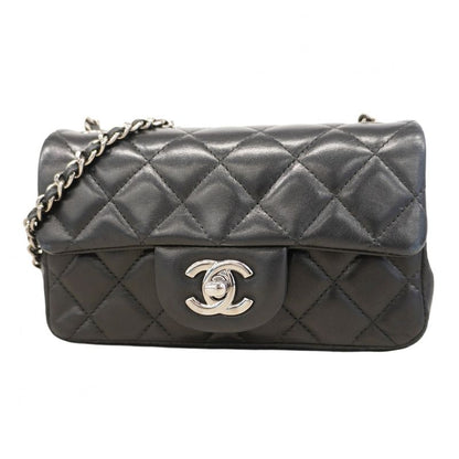 Chanel Shoulder Bag Matelasse Lambskin Black Silver Hardware Women