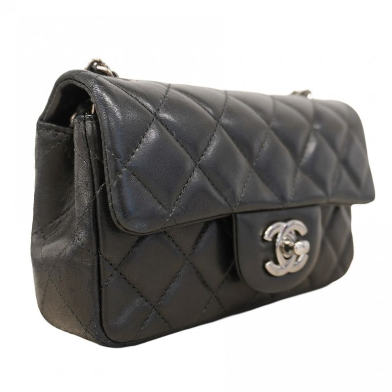 Chanel Shoulder Bag Matelasse Lambskin Black Silver Hardware Women