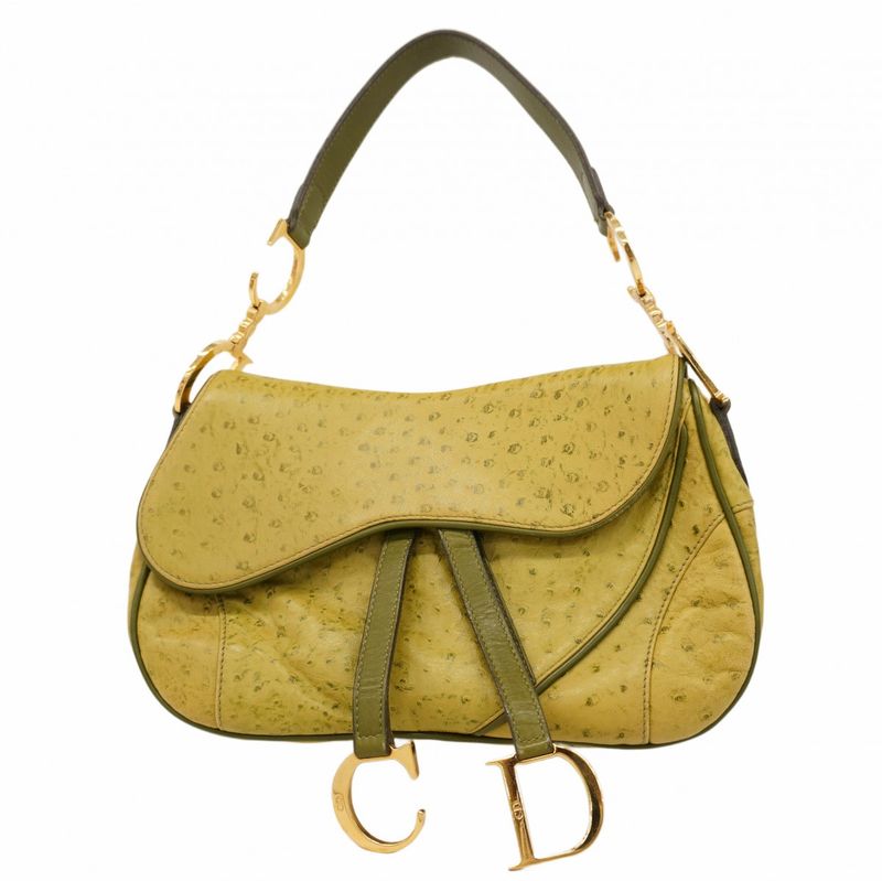 Christian Dior Shoulder Bag Double Saddle Bag Leather Green Gold Hardware Women