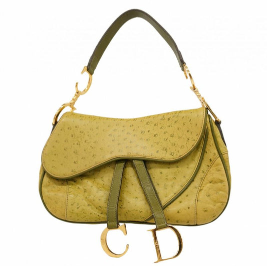 Christian Dior Shoulder Bag Double Saddle Bag Leather Green Gold Hardware Women