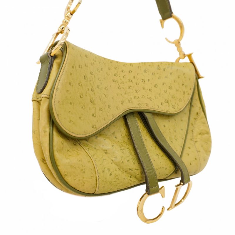 Christian Dior Shoulder Bag Double Saddle Bag Leather Green Gold Hardware Women