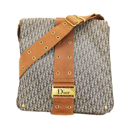 Christian Dior Shoulder Bag Trotter Street Chic Canvas Navy Brown Gold Hardware