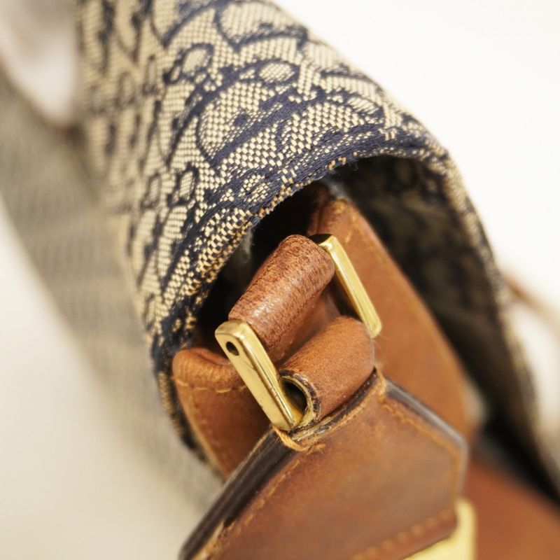 Christian Dior Shoulder Bag Trotter Street Chic Canvas Navy Brown Gold Hardware