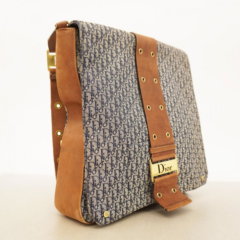 Christian Dior Shoulder Bag Trotter Street Chic Canvas Navy Brown Gold Hardware