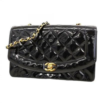 Chanel Shoulder Bag Diana Patent Leather Black Gold Hardware Women