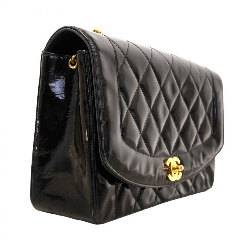 Chanel Shoulder Bag Diana Patent Leather Black Gold Hardware Women